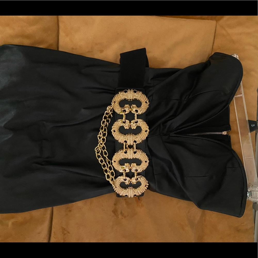 Strapless black faux leather dress w/ belt
